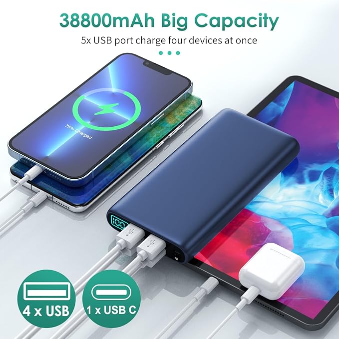 Portable Charger 38800mAh, LCD Display Power Bank, 5 USB Outputs Battery Pack - Image 4