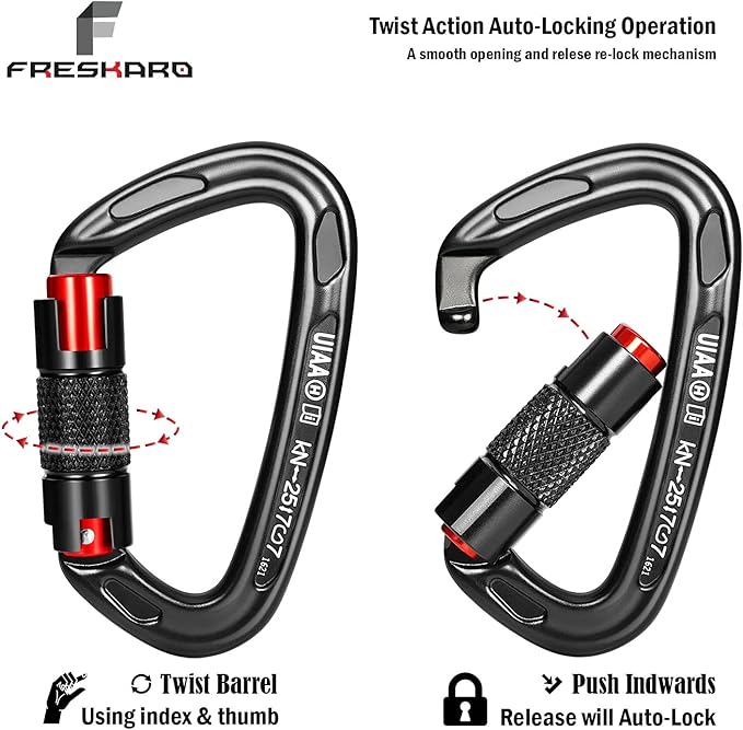 FresKaro UIAA Certified 25KN Auto Locking Climbing Carabiner Clips, Twist Lock - Image 2
