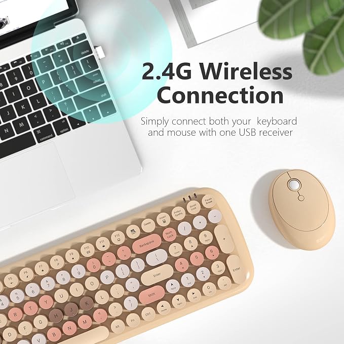 KNOWSQT Wireless Keyboard and Mouse Combo, Light Milktea 100 Keys 2.4 GHz Round - Image 2