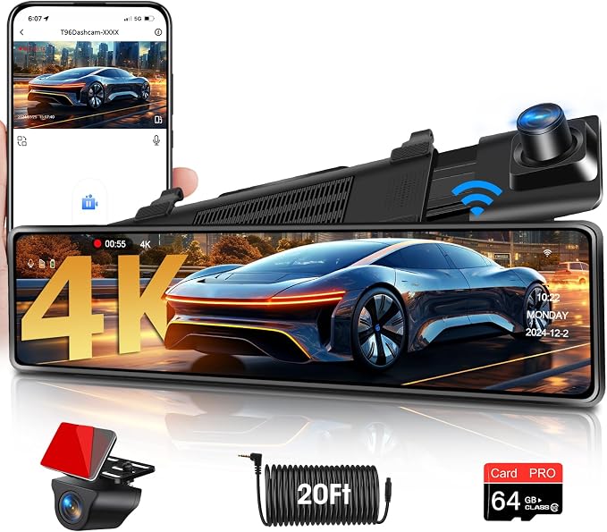 WiFi 4K Rear View Mirror Camera 12" Mirror Dash Cam Front and Rear w 64G TF by Jansite