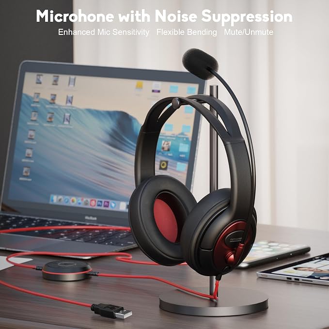 MAIRDI USB Headset with Microphone, Wired PC Headset, USB-A & USB-C Computer - Image 4