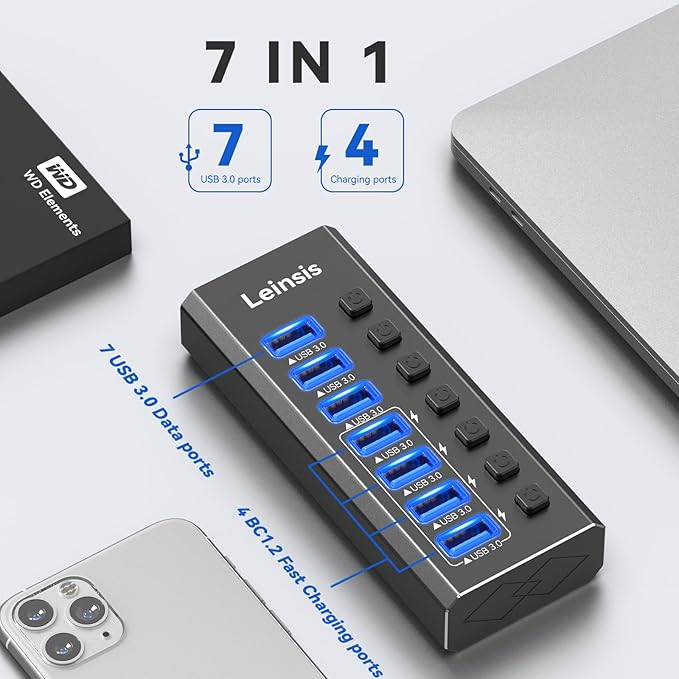 Powered USB Hub 3.0, Leinsis 7-Port USB 3.0 Hub 7 Data Transfer Ports+ 4 Smart - Image 7