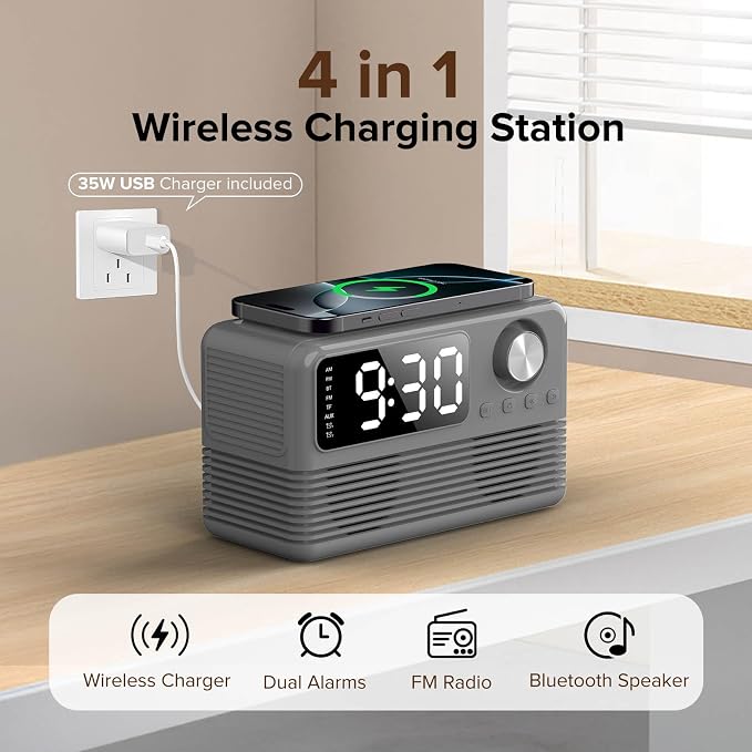 15W Fast Wireless Charger with Bluetooth Speaker and Alarm Clock Radio - Image 2