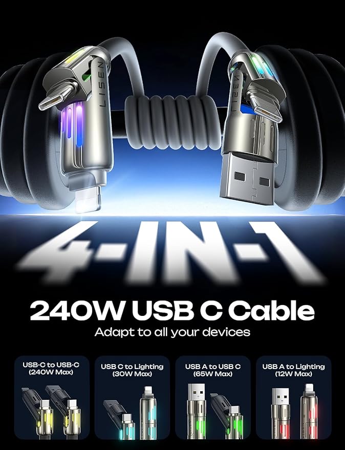 LISEN 10 FT USB C Cable Fast Charging, 240W 4 in 1 Charging Cable, Chubby Type - Image 2