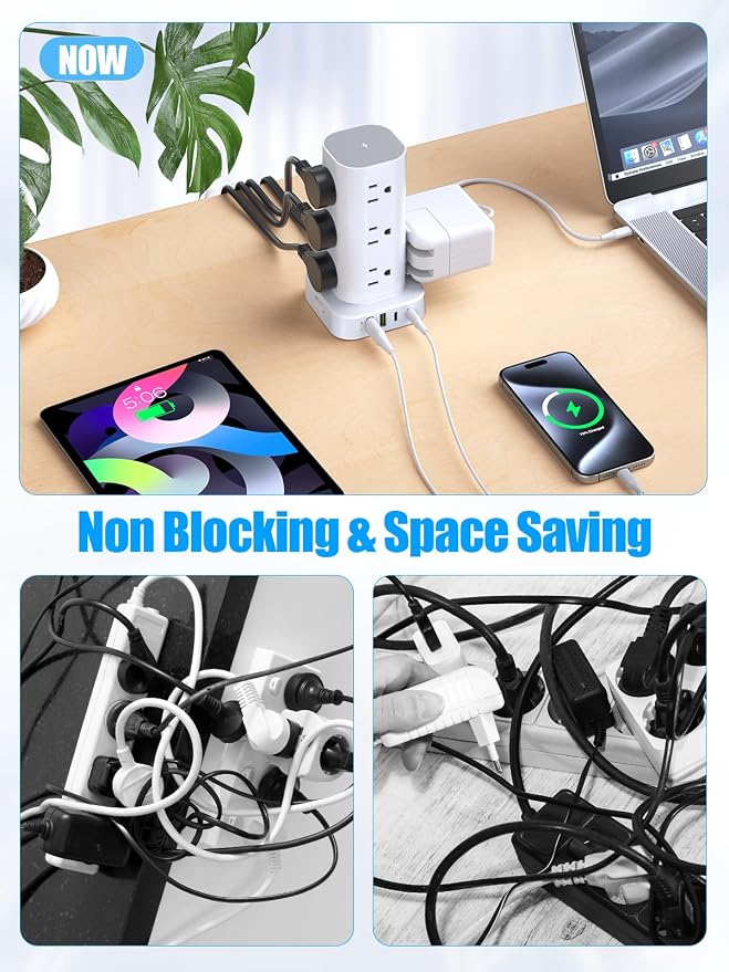 Tower Power Strip with 15W Wireless Charger, 10FT Flat Plug Extension Cord with - Image 6