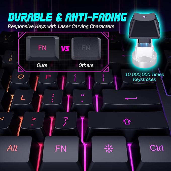 Gaming Keyboard, 7-Color Rainbow LED Backlit, 104 Keys Quiet Light Up Keyboard - Image 4