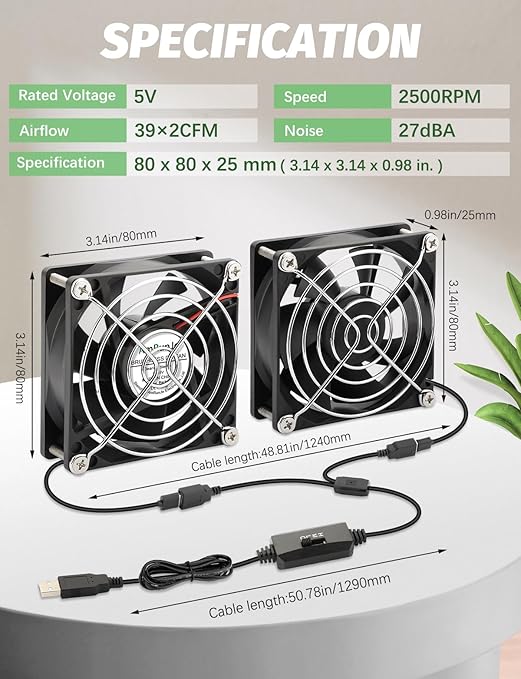80mm x 25mm USB Fan 2 Packs 5V Small Computer Case Fan - Image 5