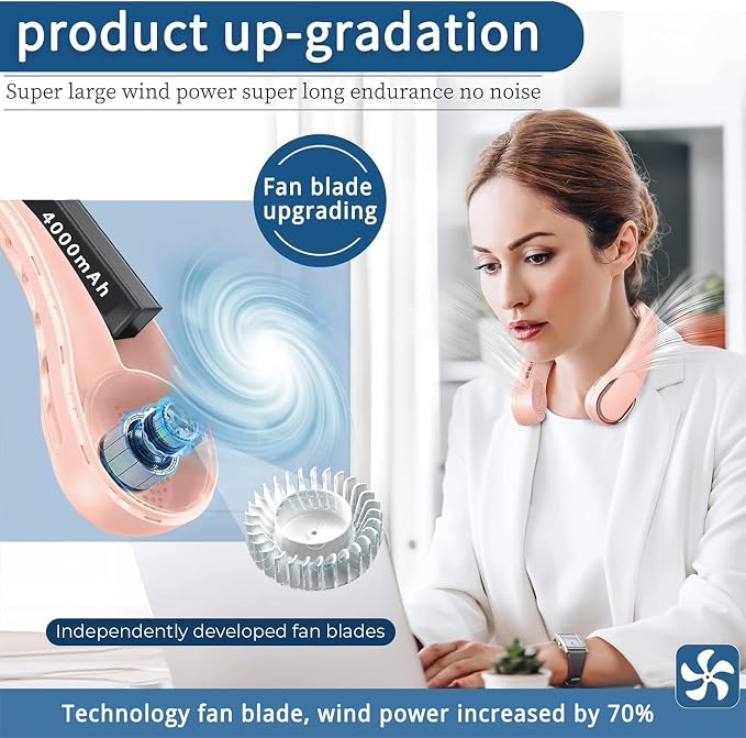 Portable Neck Fan, Neck Fans for Women, 4000 mAh Rechargeable Personal Fan - Image 2