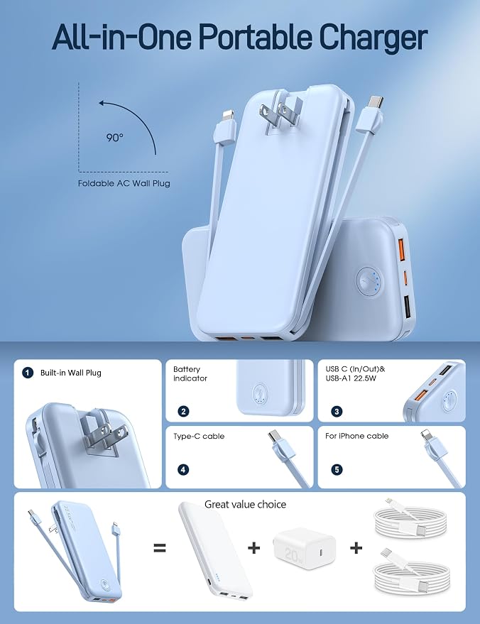 Portable Charger with Built in Cable and AC Wall Plug, USB C Power Bank - Image 2