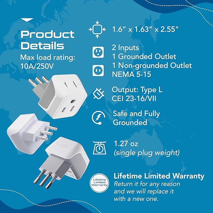 Ceptics Italy Travel Plug Adapter, Chile Plug Adapter - Image 4