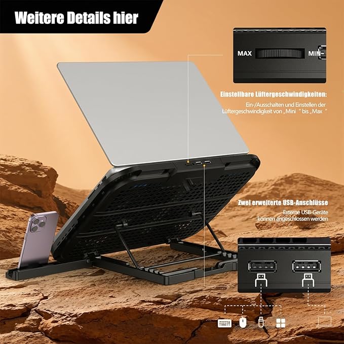 Laptop Cooling Pad with 3 Quiet Fans, 5-Level Height Adjustable Ergonomic Stand - Image 3
