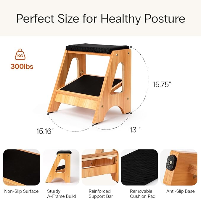 StrongTek Double Step Footrest, Adjustable Wooden Foot Stool - Image 2