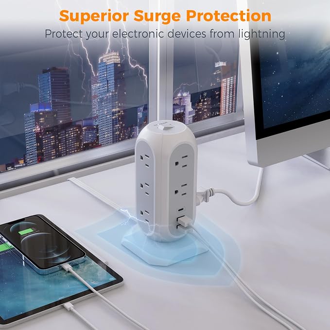 15 ft Extension Cord Tower Power Strip, 11 Outlets 3 USB Chargers, TESSAN Surge - Image 6