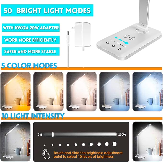 LED Desk Lamp with Wireless Charger, USB Charging Port, Desk Light with 10 - Image 2