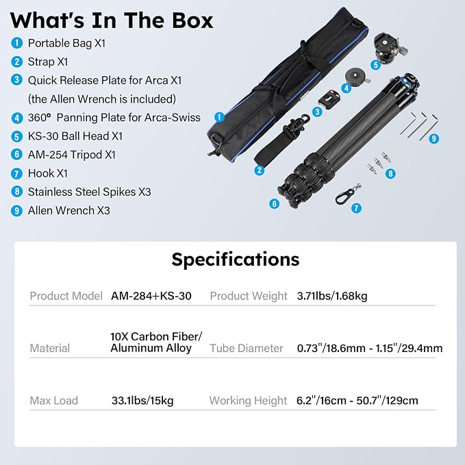 SIRUI Carbon Fiber Camera Tripod, 50.7" Professional Heavy Duty Tripod - Image 8