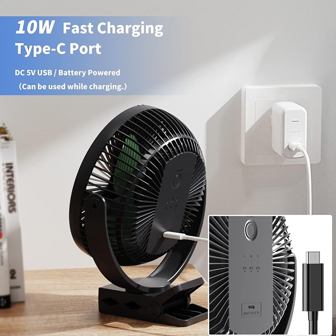 Clip on Fan, Rechargeable Portable Fan, 8 Inch Small Desk Fan - 10000mAh - Image 6