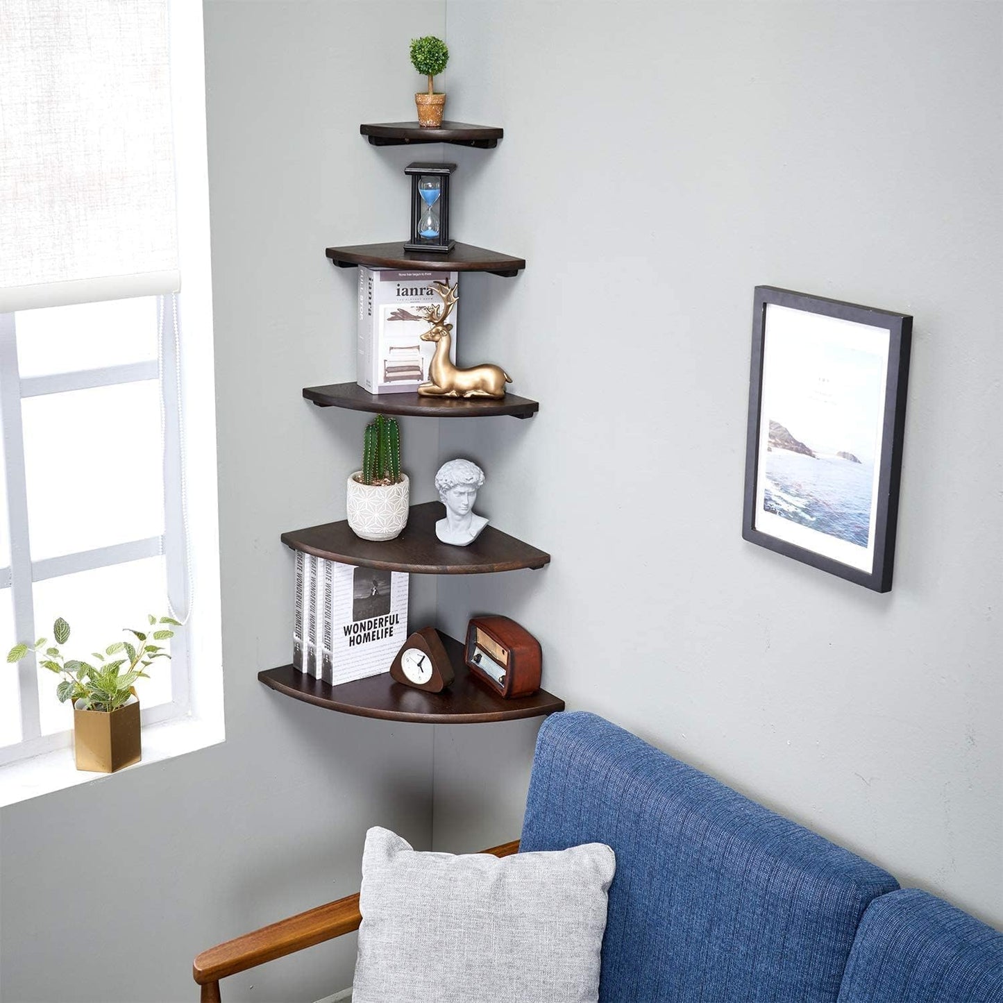 Corner Shelves, Floating Corner Shelf, Set of 2 16inch Solid Oak Wood Corner Wall Shelves, Round End with Wire Hole for Small Plant for Bedroom Kitchen, Living Room