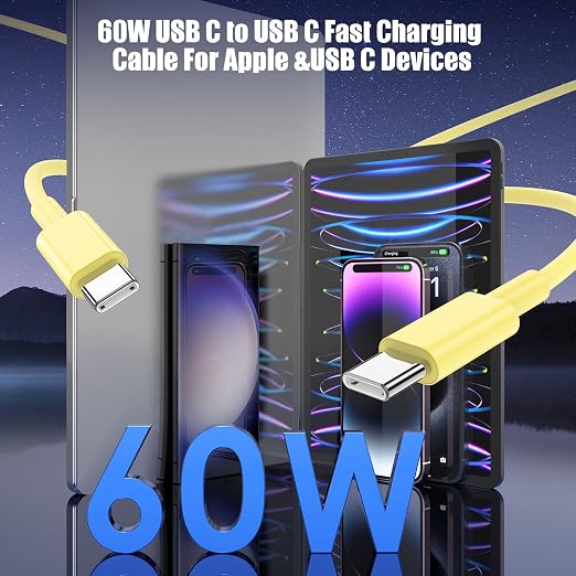 3-Pack Yellow 60W USB C to USB C Cable, Type C Fast Charging Cable - Image 3