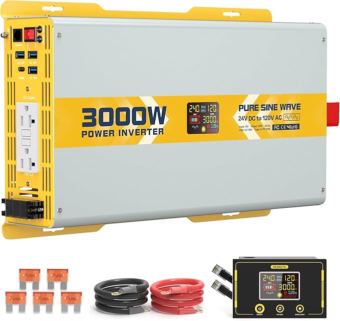 XWJNE 3000W Pure Sine Wave Power Inverter 24V DC to 120V GFCI AC Converter by Highwattpuresinewavepowerinverter
