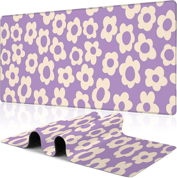 Purple Groovy Flowers Desk Mat, Large Vintage Floral Gaming Keyboard Mouse Pad by NIYLYNSYN