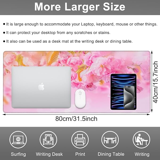 Mouse Pad, Large Pink Sakura and Butterfly Desk Mat, Extended Non-Slip Gaming - Image 2