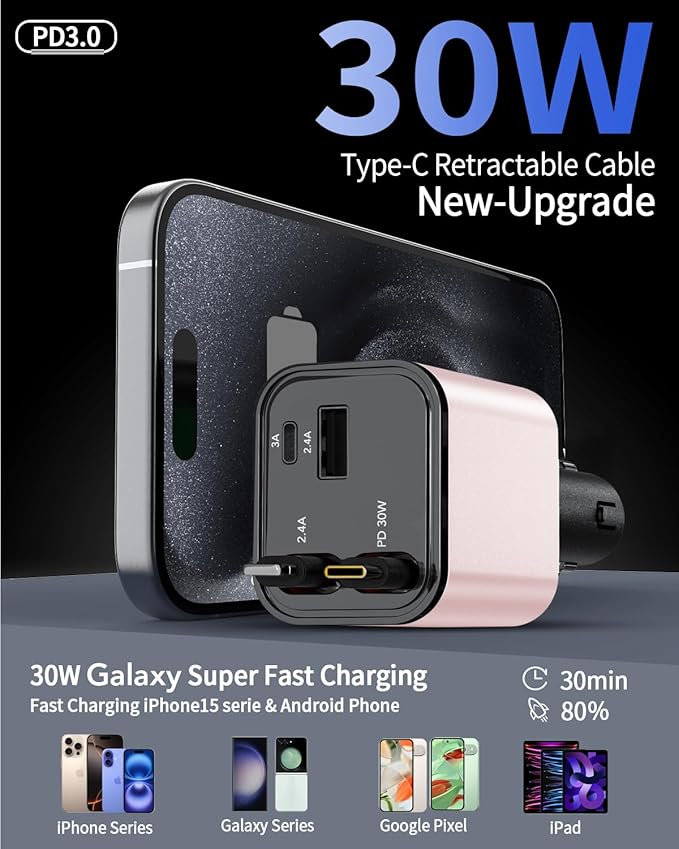 Retractable Car Charger, 4 in 1 Fast Car Phone Charger 69W, 2 Retractable - Image 3