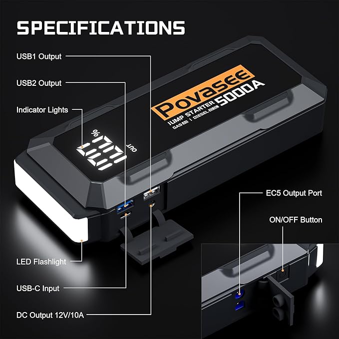 Povasee Car Battery Jump Starter 5000A Jump Box Portable Car Jump Starter - Image 7