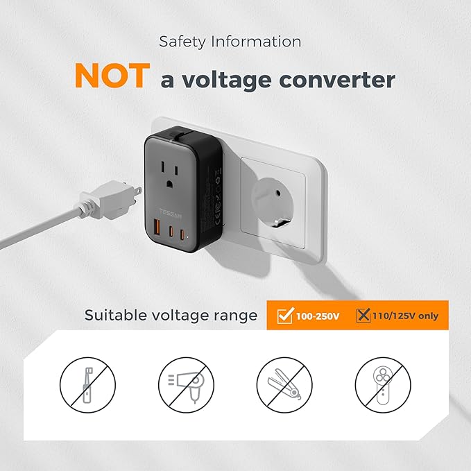 TESSAN Travel Adapter 009, PD 20W Universal Power Adapter 2 USB C 1 USB A - Image 6