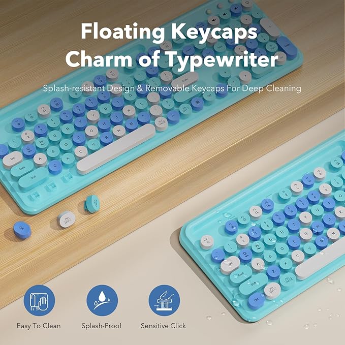 Wireless Keyboard and Mouse Combo, Retro Round Keycaps, Full-Size Cute - Image 3