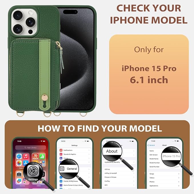LAMEEKU for iPhone 15 Pro Wallet Case, Zipper Leather Card Slots Crossbody - Image 6