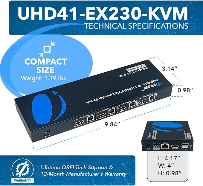 OREI 4x1 KVM 4K HDMI Over Ethernet Extender Switcher Balun Over CAT6/7 Cable - Image 5
