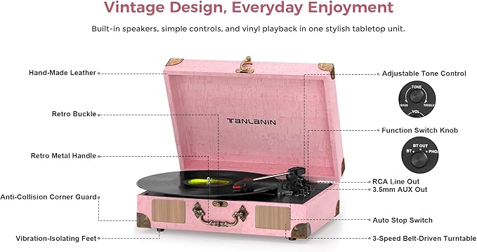 Vinyl Record Player with Bluetooth Output & Input, Treble & Bass Control - Image 8
