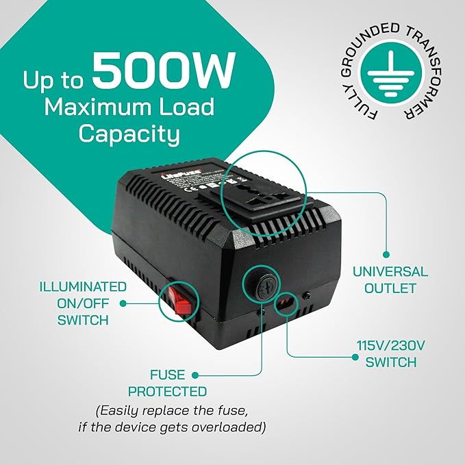 LiteFuze 500 Watt Step Up/Step Down Travel Voltage Converter, 220/110v to - Image 7