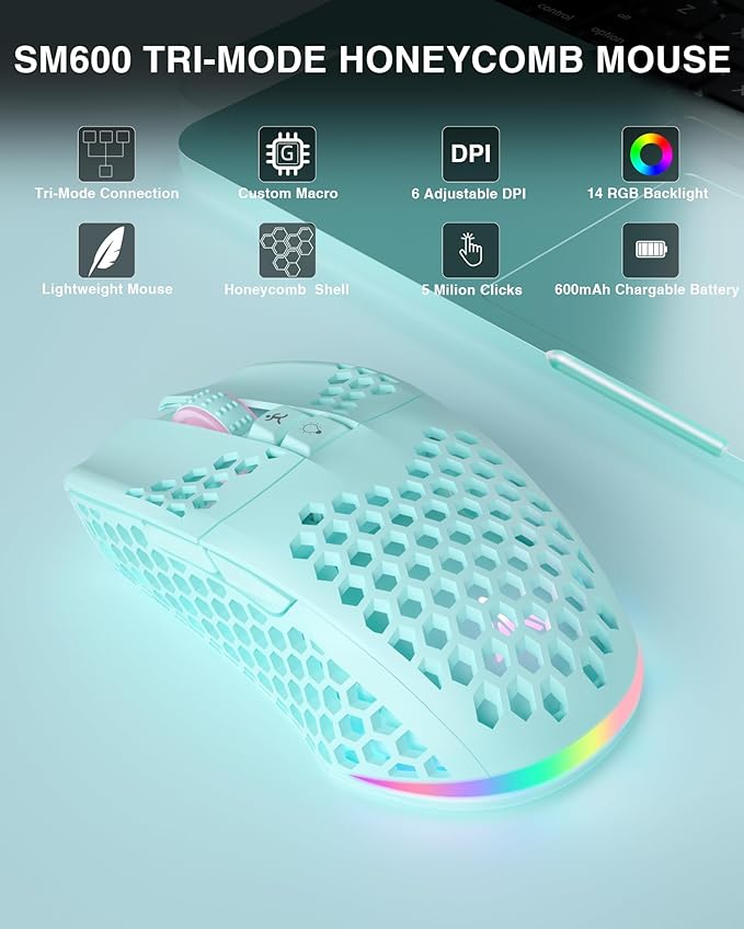 SM600 Honeycomb Shell Gaming Mouse Wireless, 8000 DPI Tri-Modes BT5.1/2.4G - Image 2