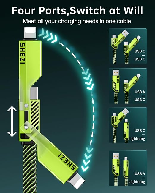 SHEZI 4-in-1 USB C Cable 60W 10FT Fast Charging Flat Nylon Braided Charger Cord - Image 2