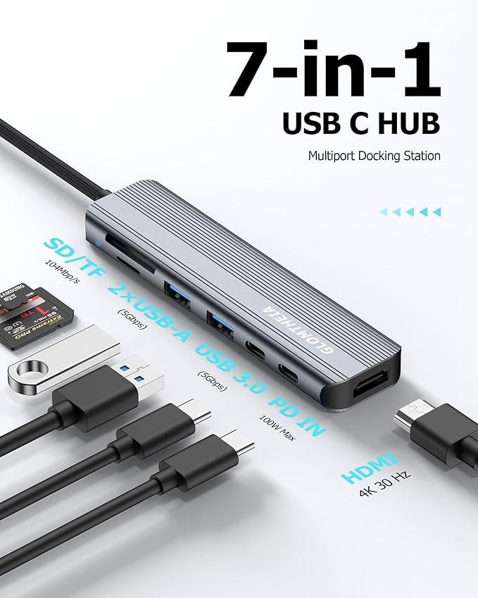 USB C Hub Multiport Adapter for Laptop MacBook Air/Pro, 100W PD, 2xUSB-A 3.0 - Image 2