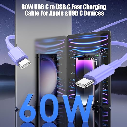 3-Pack Purple 60W USB C to USB C Cable, Type C Fast Charging Cable - Image 3