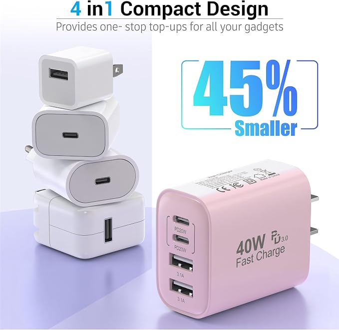 USB C Block 40W, 4 Ports Wall Plug Fast Charging Block, PD+QC Multiport Power - Image 6