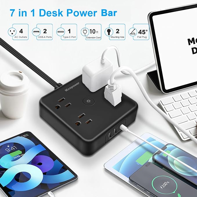 Ultra Flat Plug Surge Protector Power Strip 10 ft Cord, Long Power Strip - Image 2