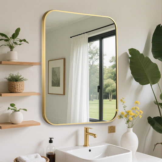 FARMER 26x38 Inch Black Bathroom Mirror, Rectangle Vanity Mirror, Brushed Mirrors for Wall, Metal Frame Hanging Mirror with Round Corner for Bedrooms, Entryways, Living Rooms, Horizontal/Vertical