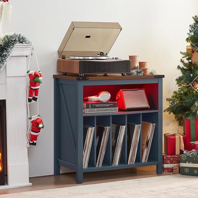 Large Record Player Stand with Charging Station & LED Lights, Vinyl Records - Image 4