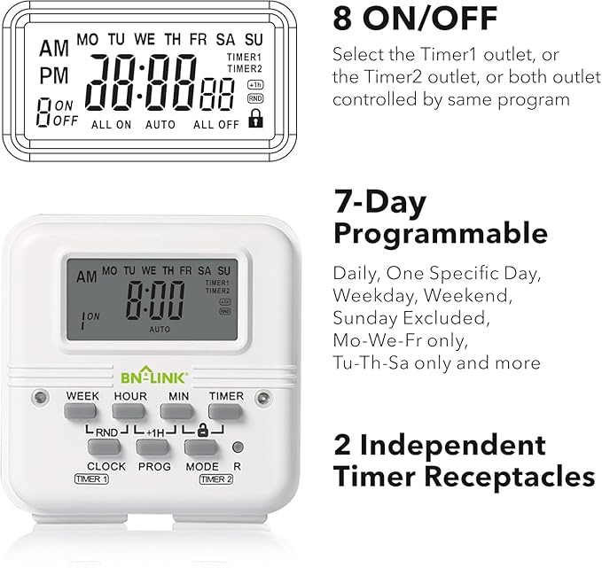BN-LINK Digital Timer Outlet 7 Day Programmable Digital Outlet Timer - Image 3