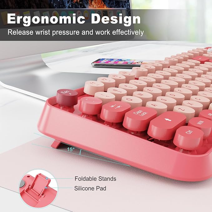 Wireless Keyboard and Mouse Combo, 104 Round Keys Cute Colorful Keyboard and - Image 6