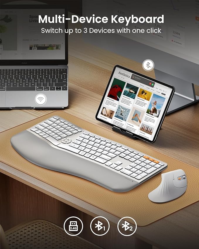 ProtoArc Backlit Bluetooth Ergonomic Keyboard, EK01 Plus Full Size Wireless - Image 3