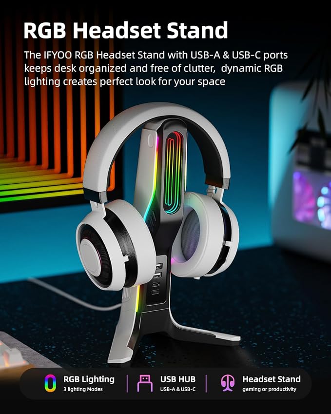 RGB Gaming Headset Stand with 2 USB and 1 Type-C Ports, Game Headphone Mount - Image 2