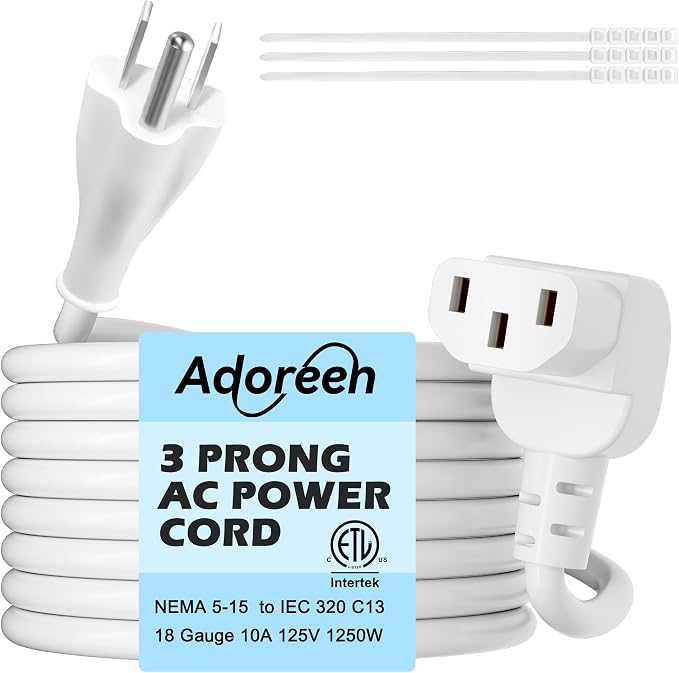 Adoreen 10 Ft Computer TV Replacement Power Cord White, 90 Degree Angled by Adoreen
