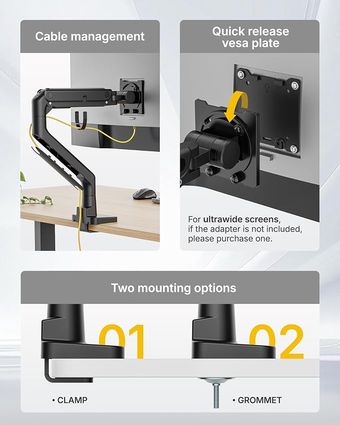 monTEK Single Monitor Arm with USB A/C, Ultrawide Monitor Stand - Image 6