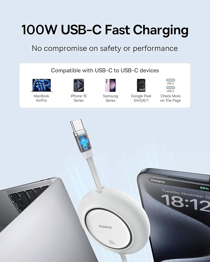 Baseus USB C to USB C Cable, 100W 6.6ft Retractable USB C Fast Charging Cable - Image 2