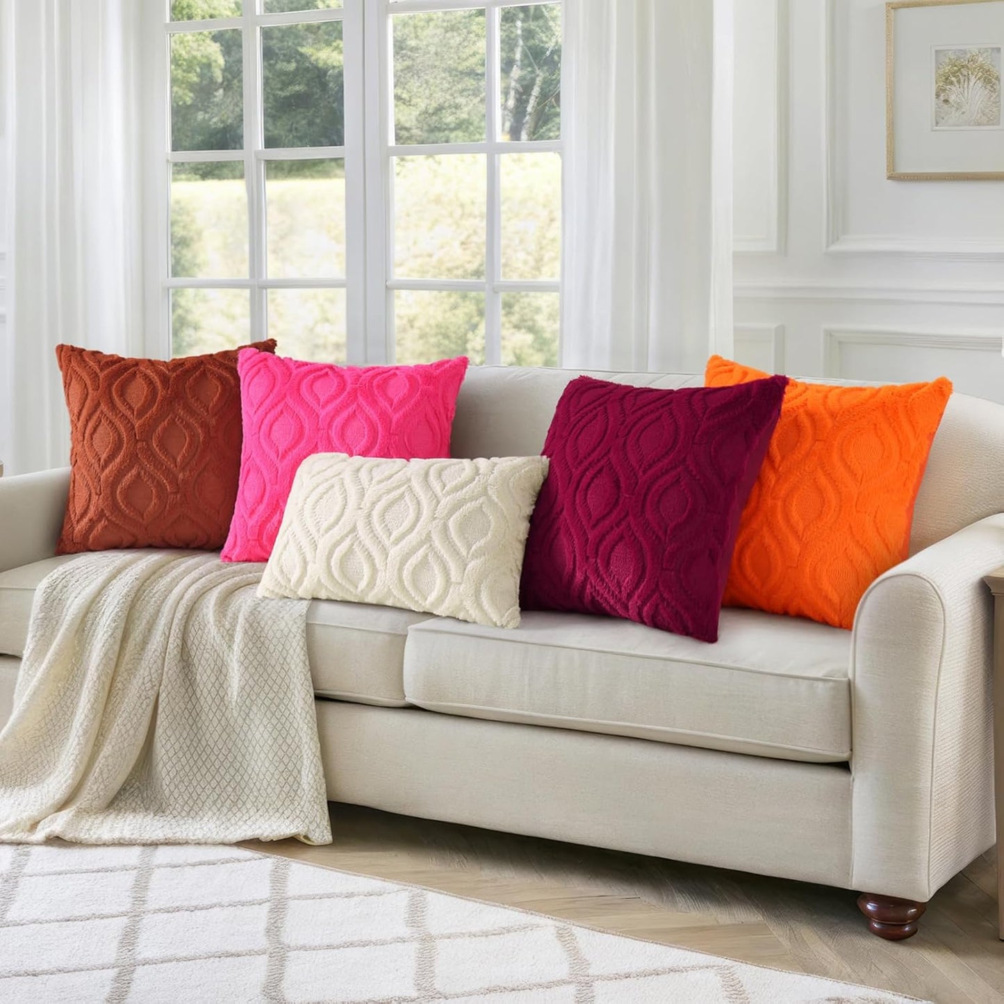 decorUhome Fall Throw Pillow Covers 24x24 Inch Set of 2, Soft Plush Decorative Faux Fur Rust Solid Couch Pillow Covers, Accent Farmhouse Neutral Square Euro Pillow Cases for Sofa Bed Living Room