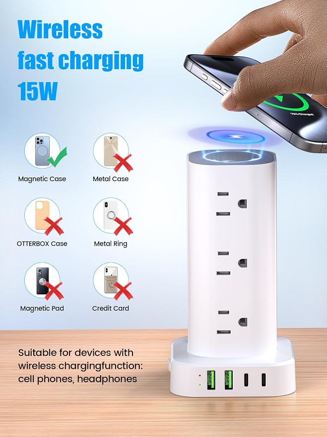 Tower Power Strip with 15W Wireless Charger, 10FT Flat Plug Extension Cord with - Image 2